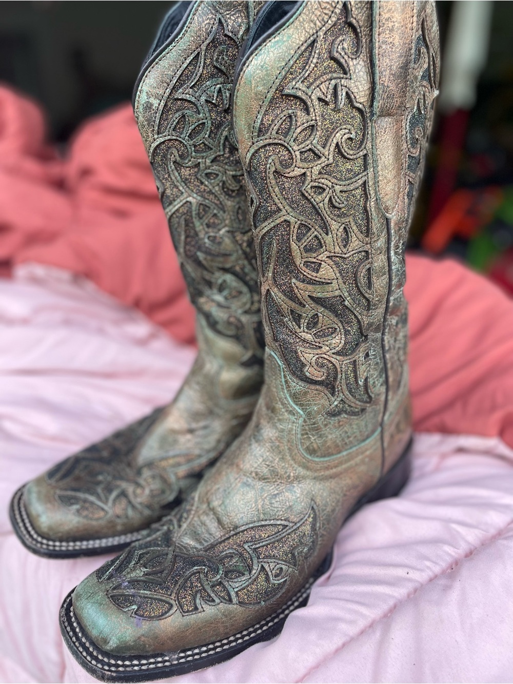 Western Embroidered Metallic Turquoise Cowboy Boots - Women